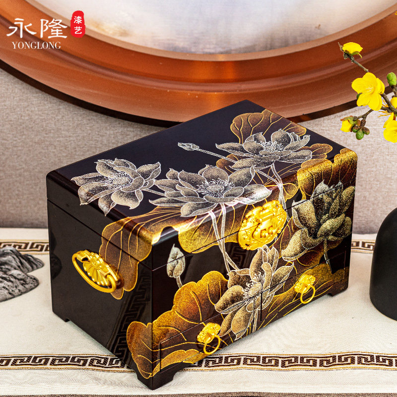 Pingyao polished lacquerware jewelry box wooden jewelry storage box anti-oxidation Chinese three-gold jewelry large capacity multi-layer