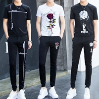 Áo thun lưới nam màu đỏ thủy triều 2019 mới thiết lập set đồ nam đẹp trai phiên bản Hàn Quốc đẹp nhất xu hướng áo ngắn tay mùa hè - Bộ đồ quần áo nam đẹp