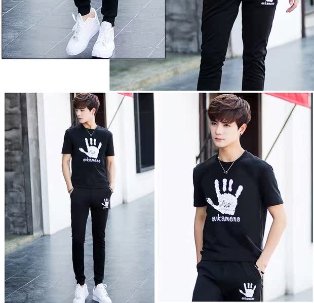 Áo thun lưới nam màu đỏ thủy triều 2019 mới thiết lập set đồ nam đẹp trai phiên bản Hàn Quốc đẹp nhất xu hướng áo ngắn tay mùa hè - Bộ đồ quần áo nam đẹp