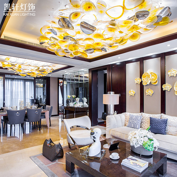 Kaixuan custom hotel engineering coffee bar leisure club ceiling soft decoration hanging glass lotus leaf pendant