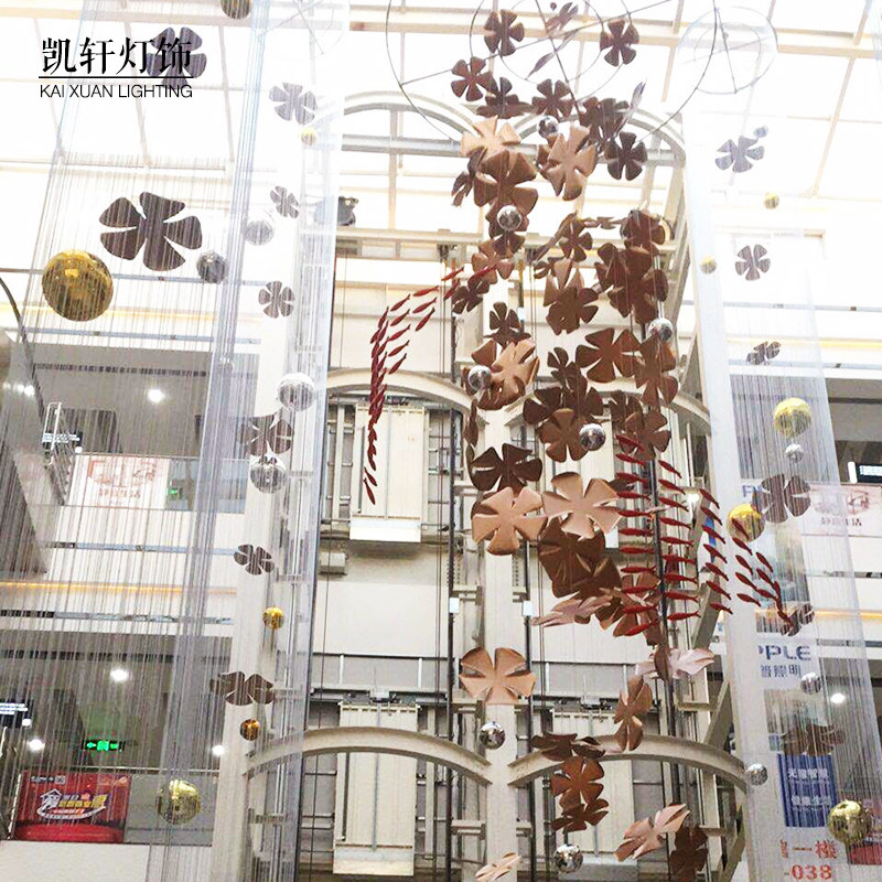Creative large hotel shopping mall atrium aerial charm wrought iron lotus leaf small fish combination art decoration pendant custom made