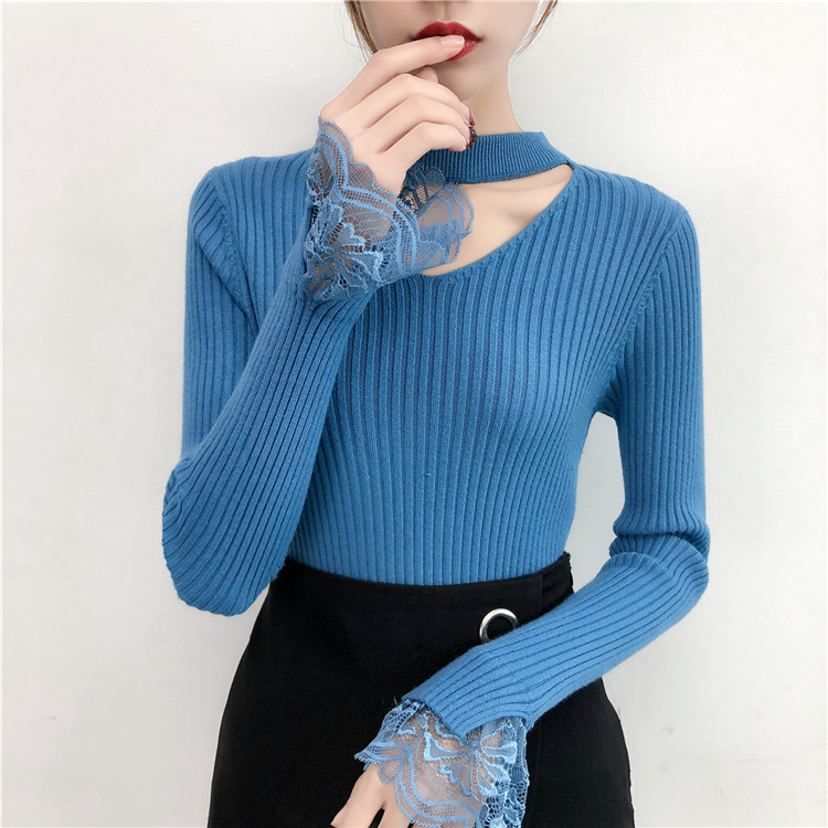 Áo len cổ cao nửa cổ dày 2018 thu đông của phụ nữ mới có cổ áo ren cổ chữ V treo cổ đan đáy áo Slim áo len nữ