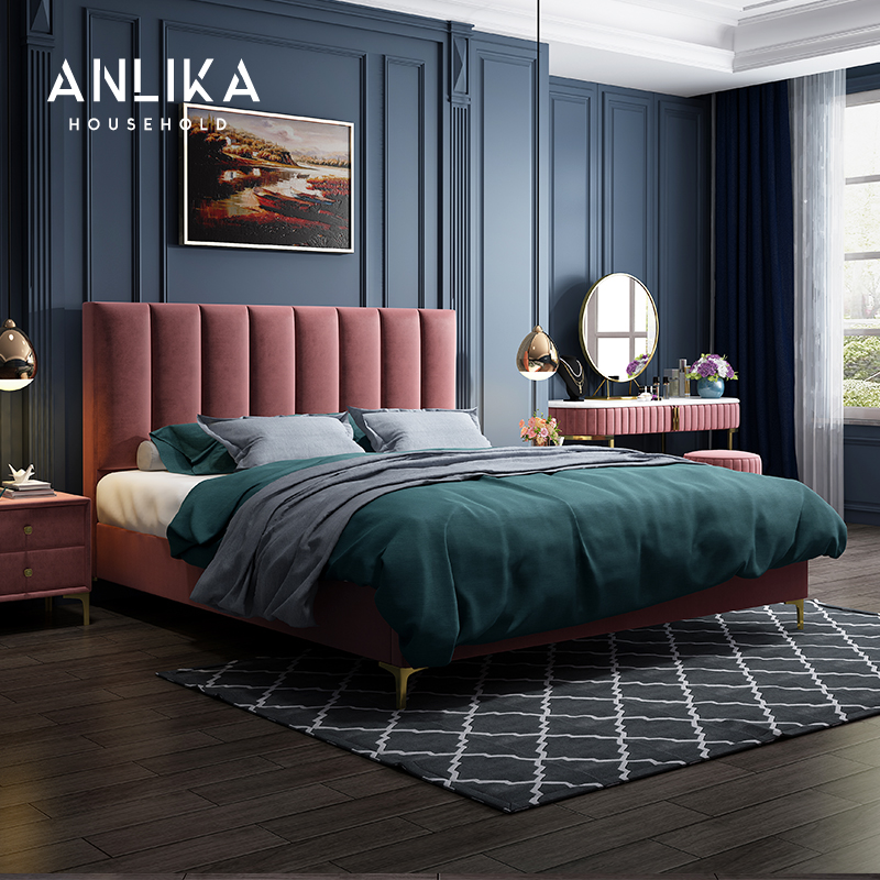 Light and luxurious bed Nordic minimalist modern 1 8 m Harbour style net red bed linen master bedroom with double bed Wedding Bed Tech Cloth