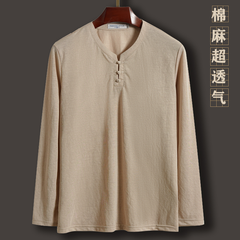 Dad long-sleeved T-shirt thin summer middle-aged men's cotton and linen bottoming shirt Chinese style linen top spring and autumn suit