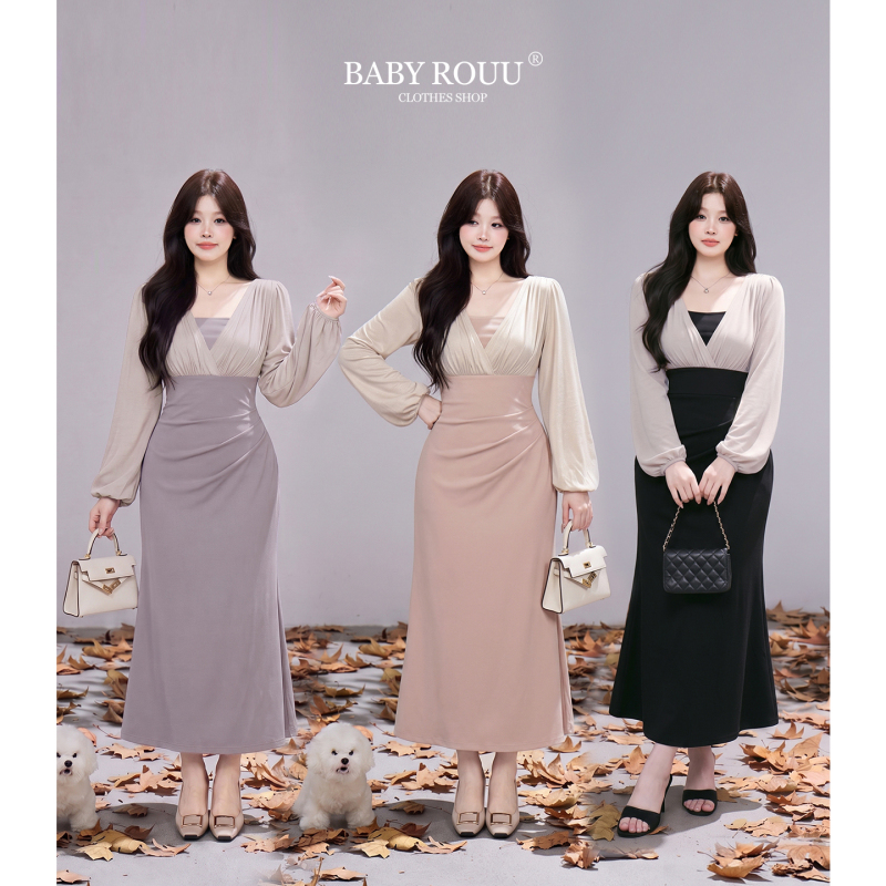 Warm and Gentle【Heartbeat Venus】Autumn Color-Blocking V-Neck Waist-Cinching Long Dress, Elegant and Slim-Fitting Dress Warm and Gentle【Heartbeat Venus】Autumn Color-Blocking V-Neck Waist-Cinching Long Dress, Elegant and Slim-Fitting Dress