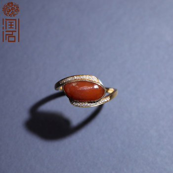 Xinjiang hotan jade seed red qin inlaid gold ring