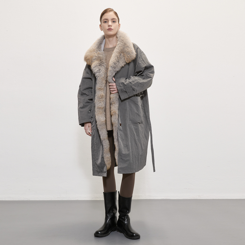 Dukecat/Workwear Style Finnish Imported Fox Fur Collar 90% Goose down Liner Mid-Length Parka Coat for Women Dukecat/Workwear Style Finnish Imported Fox Fur Collar 90% Goose down Liner Mid-Length Parka Coat for Women
