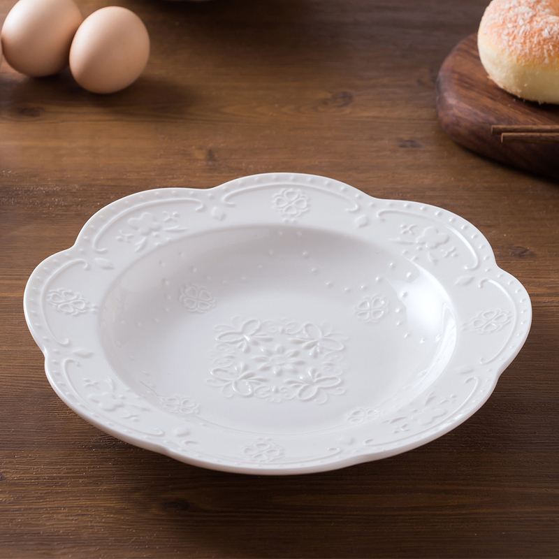 Ideas of pure white household relief new ipads porcelain tableware round plate plate steamed soup plate ceramic plate