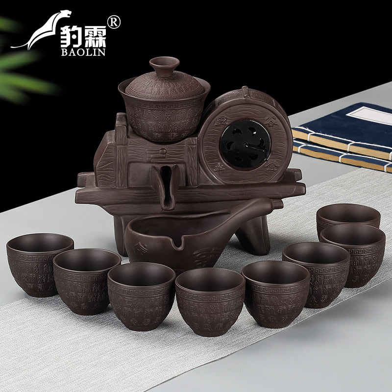 Leopard lam, semi - automatic tea ware tea to implement lazy all kung fu tea set suit household atone purple ceramic teapot