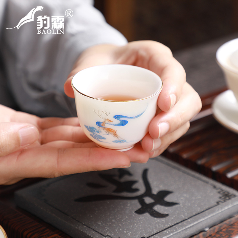 Leopard lam suet jade white porcelain ceramic gift box kung fu tea set suits for domestic high - grade jade porcelain jingdezhen tea cups