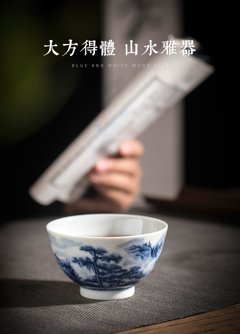 Clock home up kunfu tea cup of pure hand - made maintain jingdezhen blue and white landscape master cup sample tea cup tea by hand