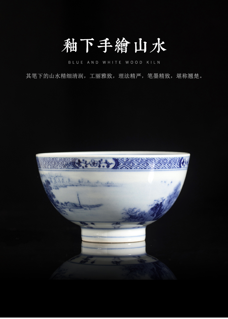 Clock home up jingdezhen blue and white landscape master cup kunfu tea cups hand - made maintain single CPU personal tea bowl