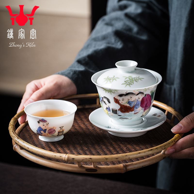 Clock at jingdezhen up enamel kung fu tea set hand - made tong qu tea tea tureen of a complete set of tea cups