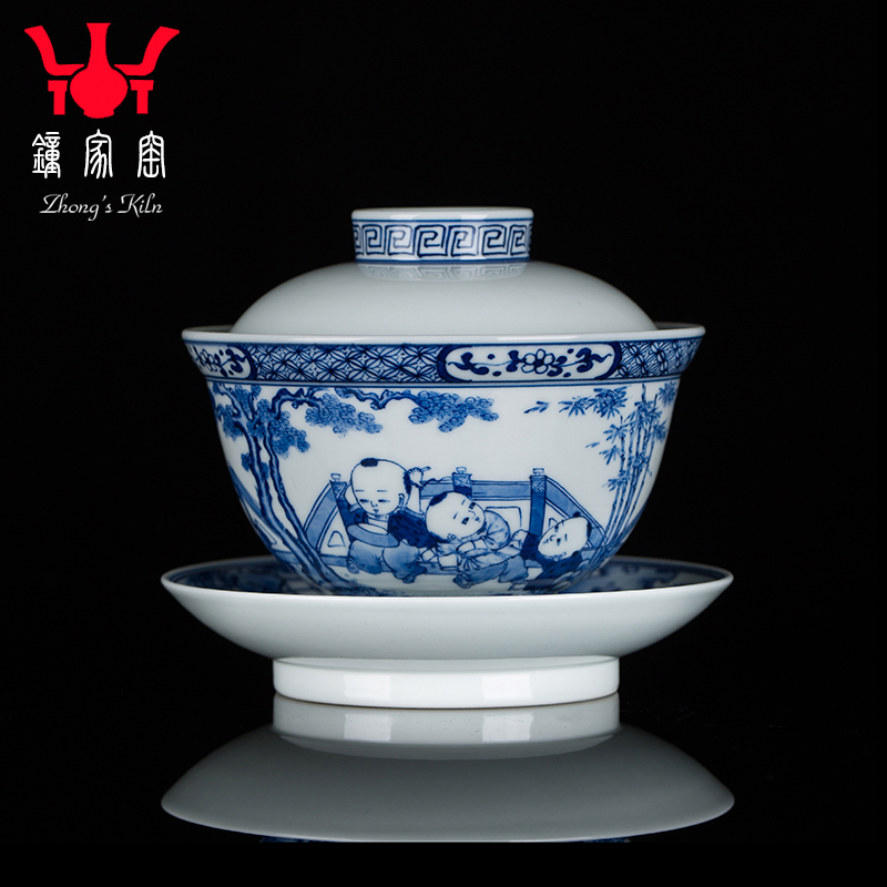 Zhongjiayao Gaiwan teacup Jingdezhen high-end Sancai Gaiwan handmade blue and white firewood kiln characters childlike tea bowl