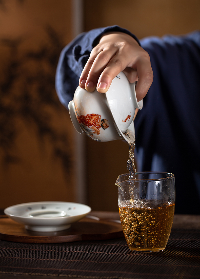 Clock home up tureen jingdezhen manual high - end tureen ceramic cups kunfu tea tea bowl of alum red ocean 's internationally