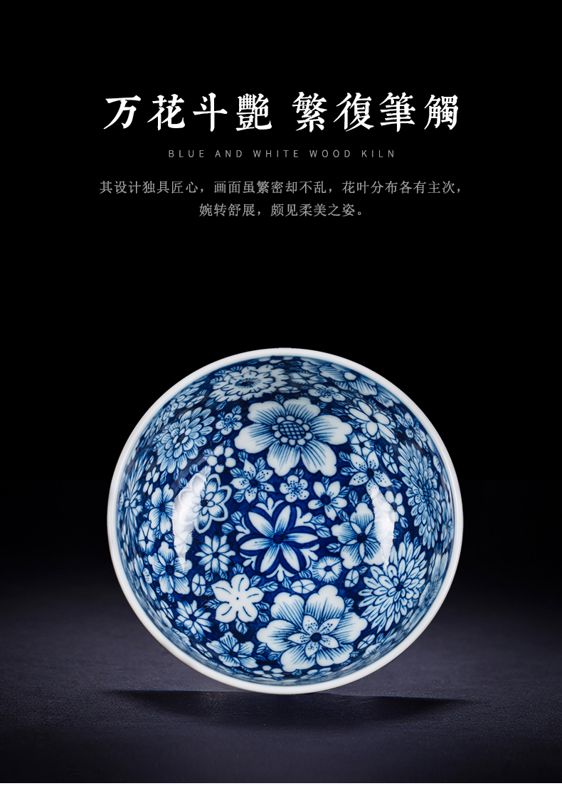 Clock home trade, one cup single master ceramic cups jingdezhen porcelain firewood blue and white flower inside and outside the sample tea cup