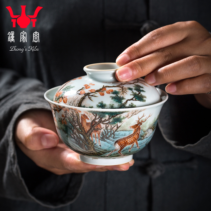 Zhongjia Kiln Gai Bowl Jingdezhen full hand-made enamel three Cai tea bowl tea bowl tea cup single kung fu tea maker