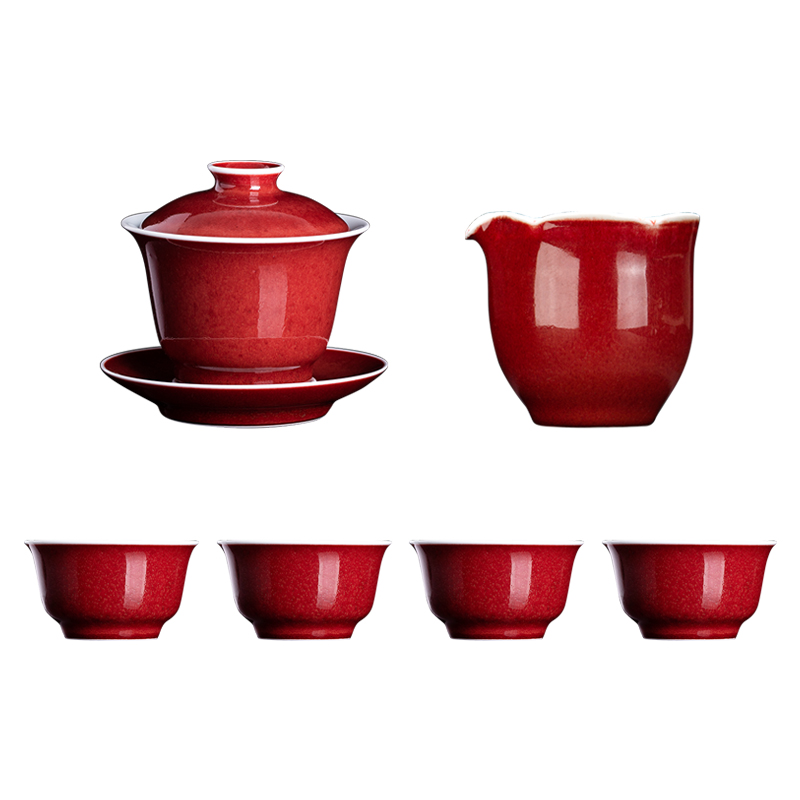 Clock home jingdezhen up ji red tureen tea cups manual undressed ore color glaze red kung fu tea to use the set of packages