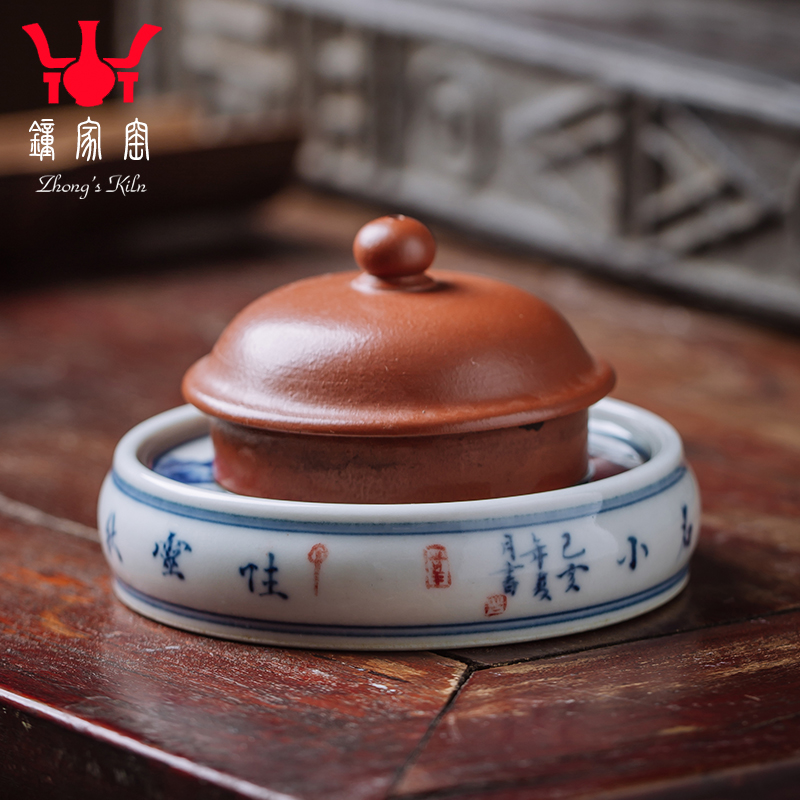 Clock home blue and white porcelain up cover rear hand - made tong qu maintain characters cover jingdezhen kung fu tea accessories cover holder frame