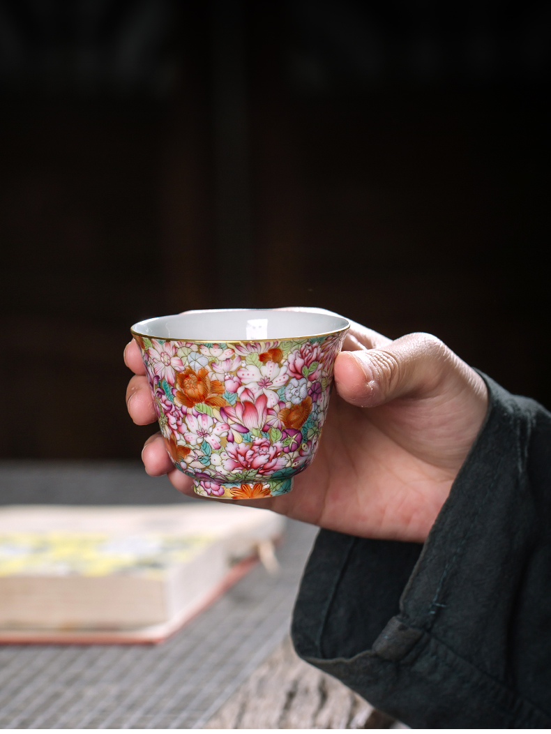 Clock at jingdezhen up enamel see colour master cup tea pure manual single small cup cup enamel Mosaic gold flower cup