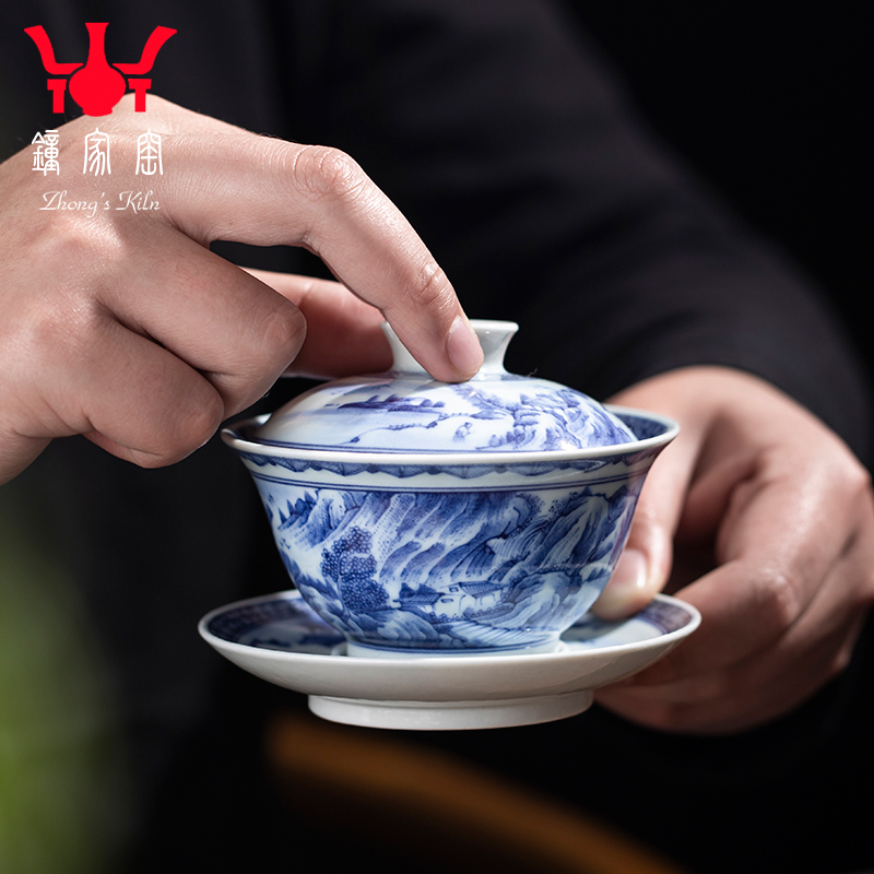 Clock home up jingdezhen tea by hand only three tureen ceramic cups hand - made porcelain bowl with single firewood landscapes