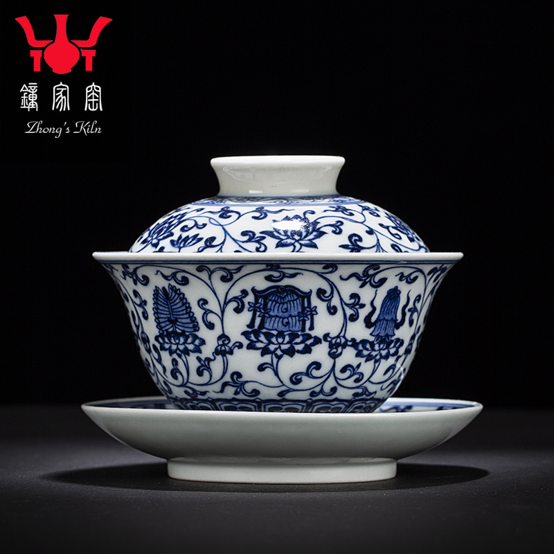 Clock home up to burn tureen single jingdezhen blue and white tie up branches in a three to make tea cup pure manual large bowl
