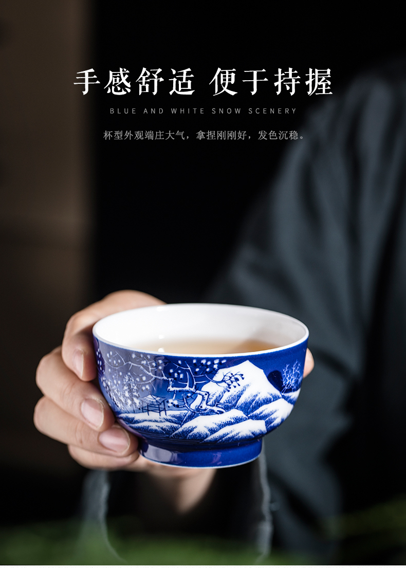 Clock home trade, one cup of single CPU jingdezhen blue and white snow tea by hand, the high - end tea set triangle flowers pattern circle kung fu tea cups