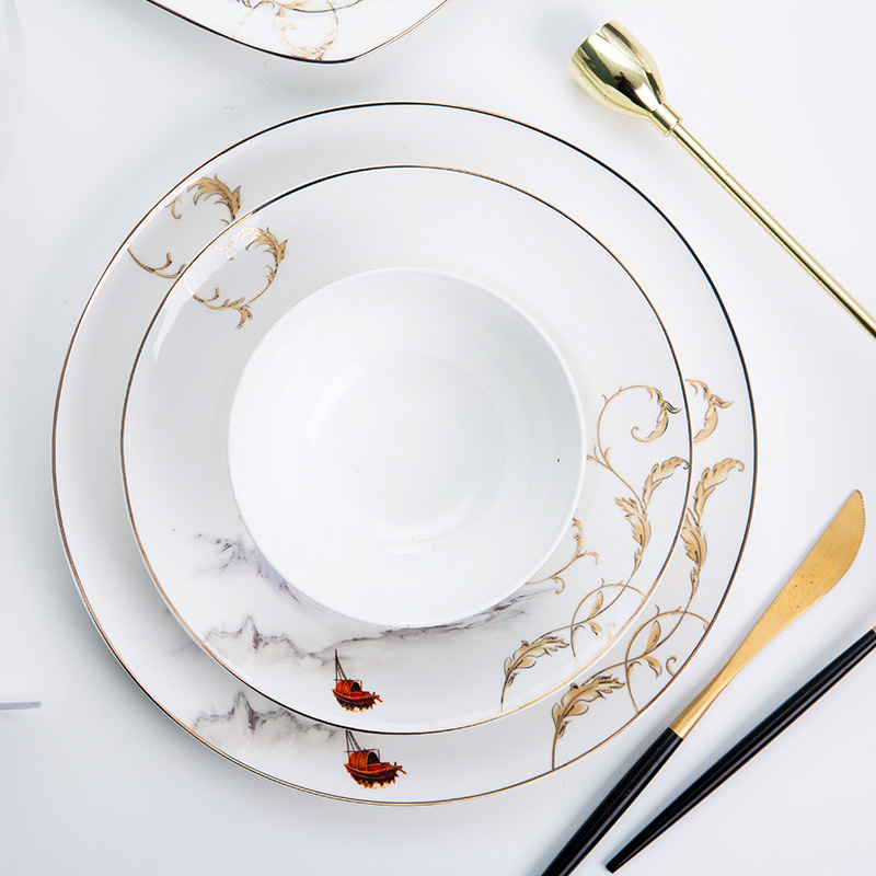 North European dishes suit household jingdezhen 60 head up phnom penh wedding gifts porcelain bowl dish bowl combination knives and forks
