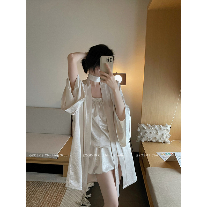 Zoe-19｜【Sparkling Girly Pajama Three-Piece Set】French-Style Camisole Shorts Bathrobe Loungewear
