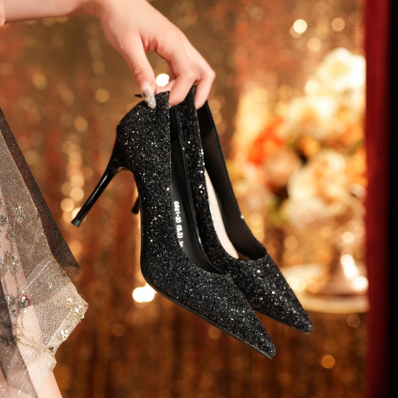 High-End Elegant Glitter Sequin Black High Heels Dress Shoes Versatile Stiletto Heels for Work and Summer Sexy
