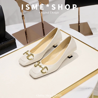 French-style single-toe cat heels, versatile low-heeled women's shoes, OL fashion, square toe, metal buckle, Chanel style, retro and high-end feel