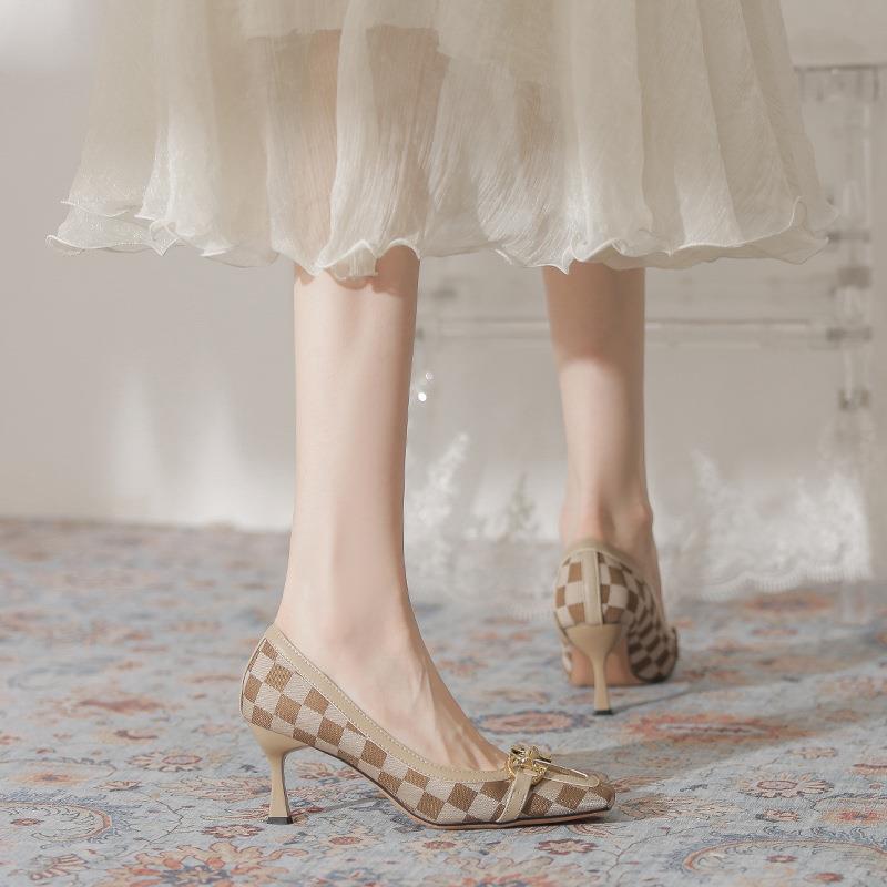 Classic Retro Style Horsebit Print Monogrammed Single Shoes High Heels French Square Toe Women's Shoes Stiletto Shallow Plaid