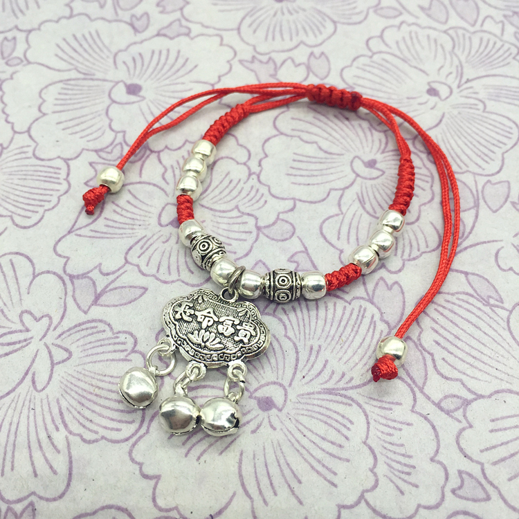 Tây Tạng bạc dân tộc gió retro vòng cổ đỏ đôi dây chuyền vòng chân dài khóa chuông Miao bạc trang sức thủ công - Vòng chân vòng đeo chân nữ