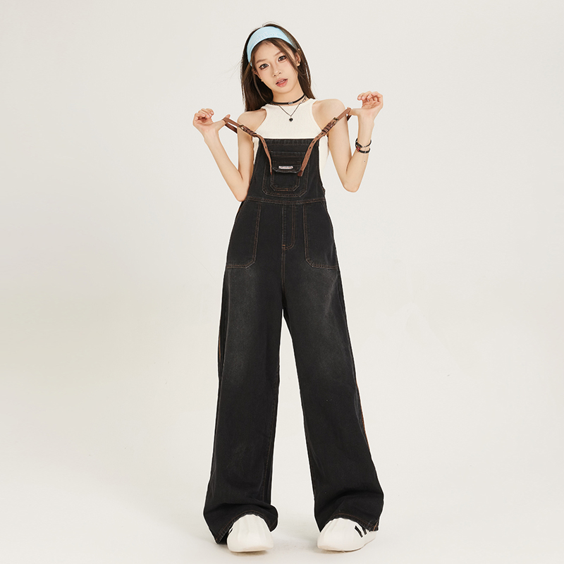 アメリカンレトロデニムオーバーオールレディース、春と秋の新作サスペンダーデザイン、ゆったりとしたBFスタイル、年齢を感じさせないワイドレッグジャンプスーツトレンド