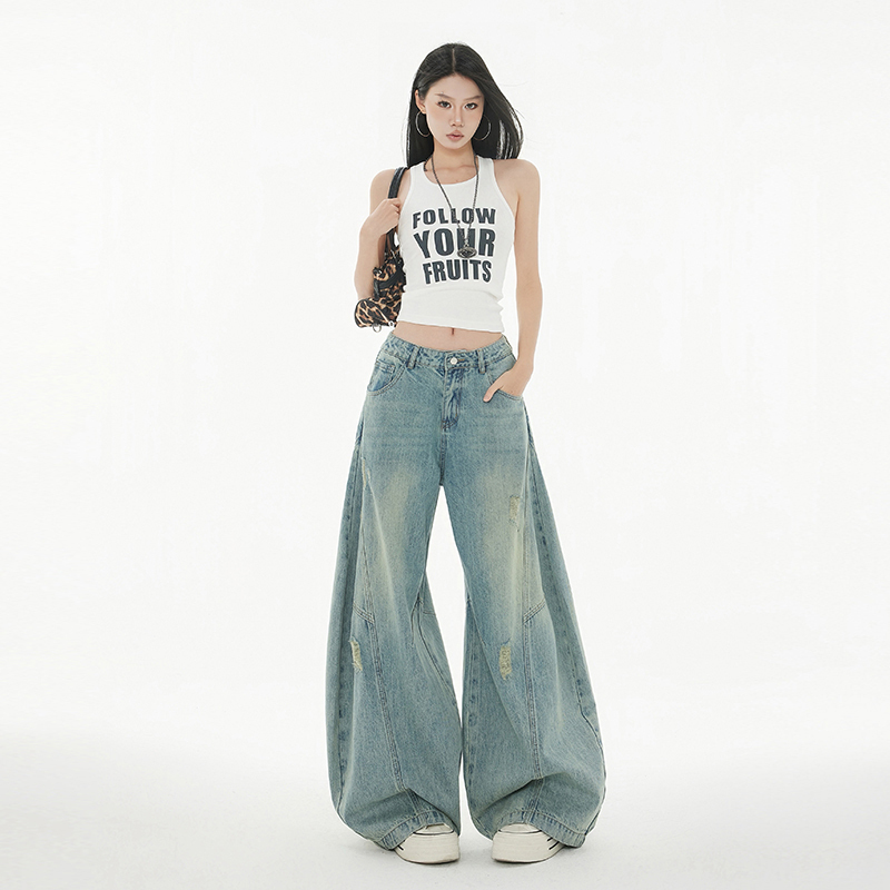 Vintage Ripped Silhouette Scimitar Jeans for Women, New Summer High-Waisted Design, Loose Wide-Leg Banana Pants
