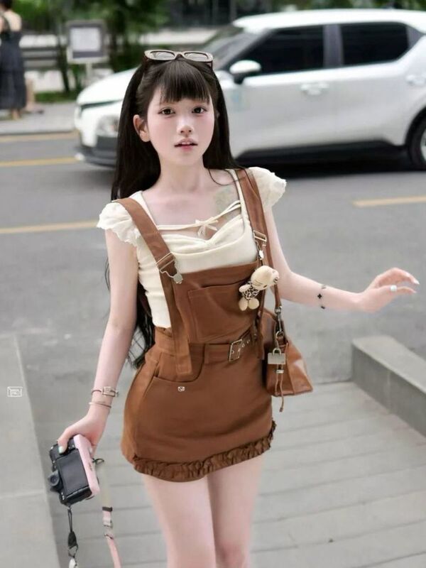 2026 New Denim Suspender Skirt Pants for Women, Summer New Design, Loose and Slimming Dress, Half-Length Skirt