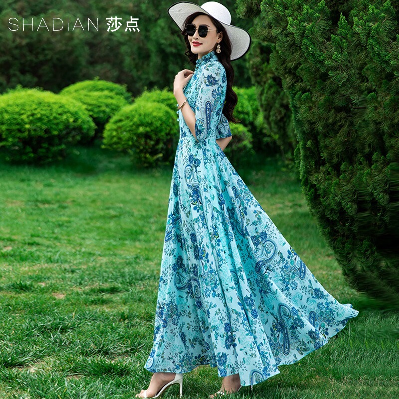 Chiffon Floral Dress for Women, New Summer Style, Long Dress for Seaside Vacation, Small Stand-Up Collar, Waist-Cinching, Large Hem Skirt, Beach Dress Chiffon Floral Dress for Women, New Summer Style, Long Dress for Seaside Vacation, Small Stand-Up Collar, Waist-Cinching, Large Hem Skirt, Beach Dress