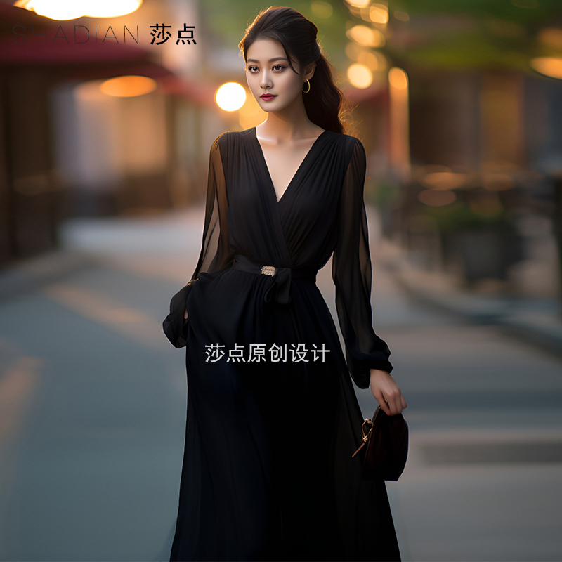 Black Chiffon Long-Sleeved Dress, Long Over-The-Knee Skirt, Elegant and High-End Dress for Ladies, New Style Women's Clothing