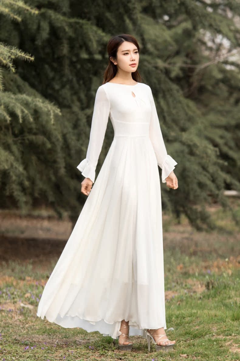 Shake Point Summer New Women Dress Cổ áo một mảnh Lady váy dài tay áo xù voan lớn swing váy - Sản phẩm HOT váy đầm đẹp