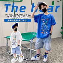 Boy suit Short sleeves jeans Two sets 6 Boy 7 handsome 8 Summer clothes 5-14 years old Children 9 Cartoon 10 clothes