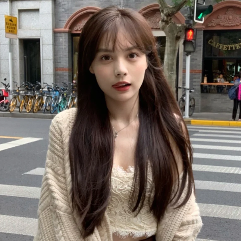 Wig Woman Long Hair Headgear Black Long Straight Qiuiliu Sea Netting Red Sweet natural air Liuhai Whole Top Wig Emulation