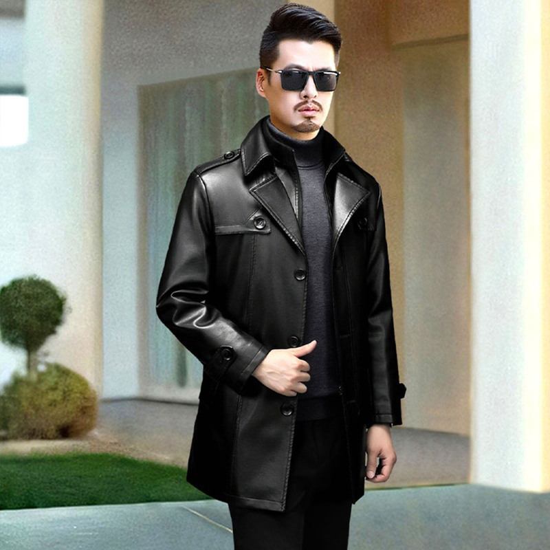 Haining Genuine Leather Men's Sheepskin Coat New Men's Trench Coat Autumn and Winter Large Size Jacket with Fleece Lining