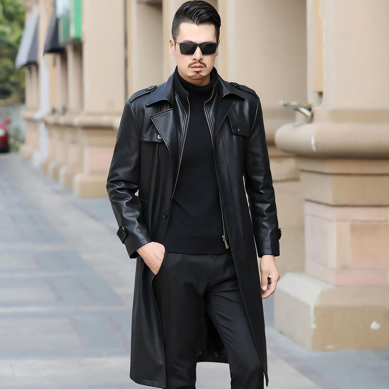 Haining Men's Leather Jacket, Extra-Long Style with a Turn-Down Collar, New Winter Genuine Leather Coat, Thickened and Warm Sheepskin Outerwear
