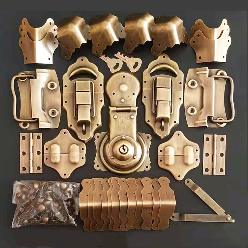 Chinese style Zhangmu box pure copper accessories brass old vintage wood box lock catch box buckle round bag corner handle hinge full set-Taobao