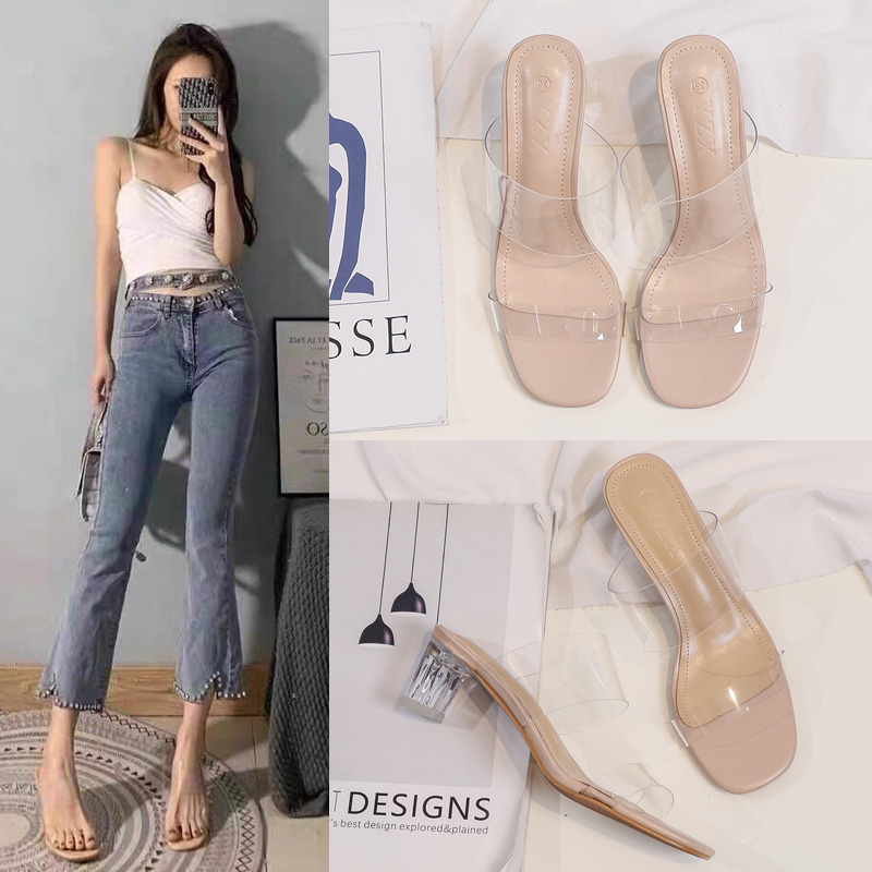 Transparent high heels women's sandals Summer 2022 new sexy outer wearing block heel sandals mid-heel fashion crystal slippers