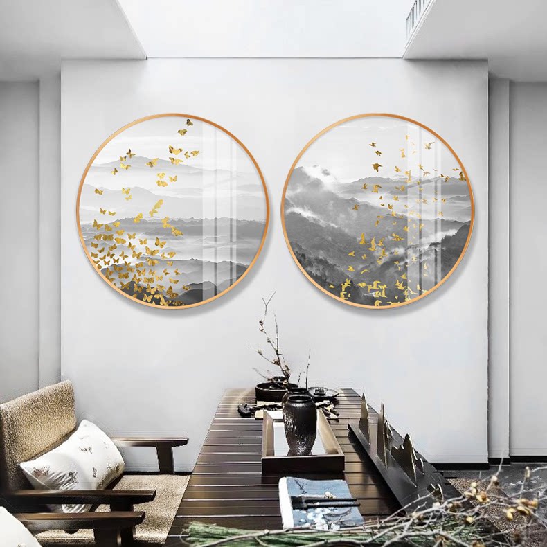 Entrance entrance decorative painting Double round new Chinese style Butterfly shadow Mountain Qiong Living room aisle Corridor Hanging painting study mural