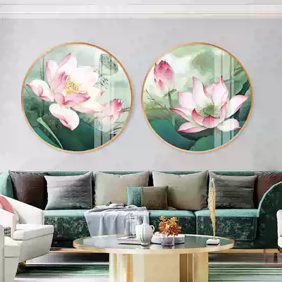 Lotus round frame modern decorative painting living room creative round new Chinese crystal porcelain painting Light luxury mural Lotus hanging painting