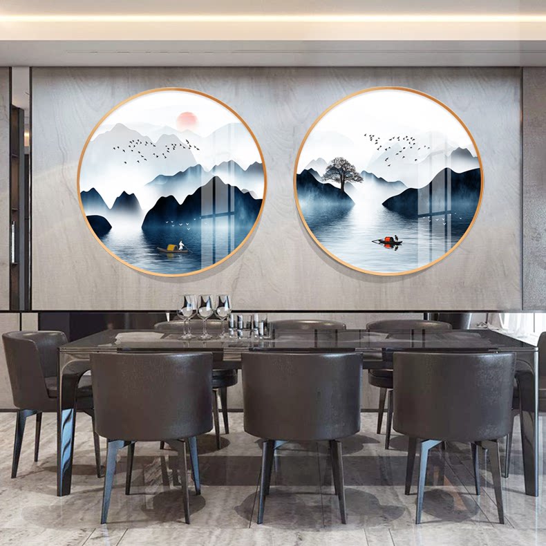 New Chinese meditation Decoration Painting Round Landscape Jiangnan Painting Dining Hall Hung Painting Dining Room Water Ink Xuanguan Scenery Fresco Boat