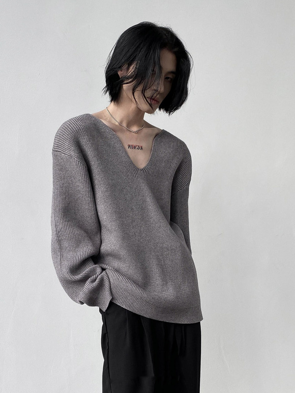 Sweater with a Unique Design, Niche V-Neck, Solid Color Knitwear for Men, Stylish Ribbed Collar Sweater, Winter Elegant Base Layer
