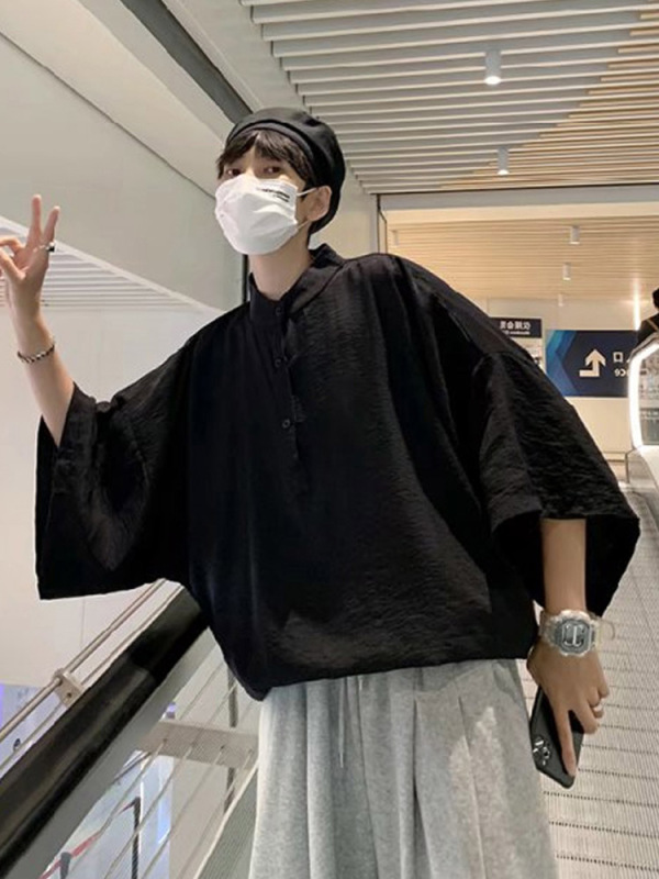 French-Style Men's Short-Sleeved Shirt, Summer Thin Design, Niche Batwing Sleeve, Korean-Style Pullover Shirt, Three-Quarter Sleeve Polo